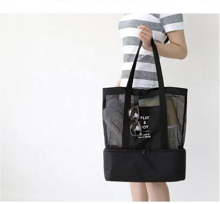 

Customized 2-In-1 Large Double Layer Insulated Picnic Shopping Summer Net Handbag Tote Cooler Bottom Mesh Beach Bag, Blue, black, hot pink