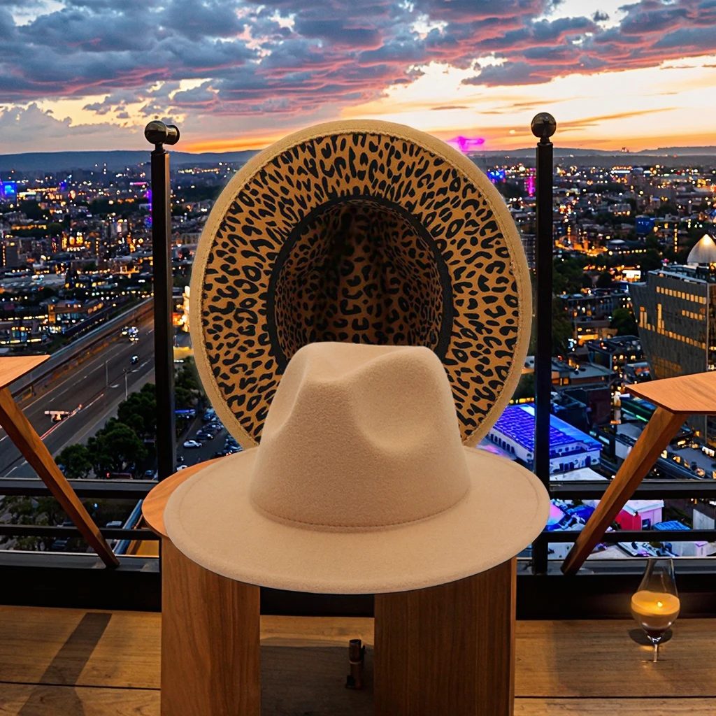 Leopard Print Two Tone Fedora Hats New Jazz Felt Hat Casual Winter Large Brim Wholesale Fedora Hats