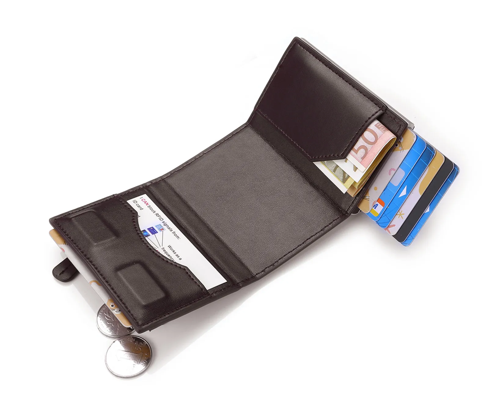 

New 3 fold magnetic buckle coin purse wallet RFID anti-theft swipe aluminum alloy card holder, As pictures