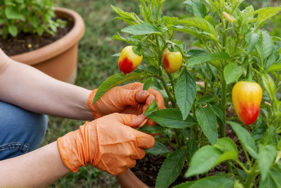 Home gardener wearing protective gloves while harvesting angry peppers from container garden