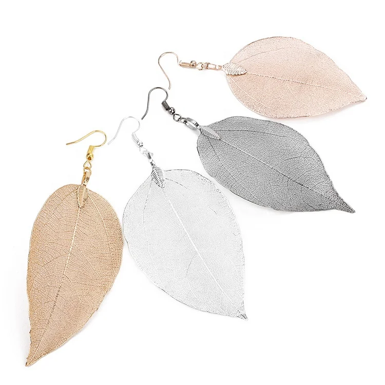 

Fashion Jewelry Classic Natural Real Leaf Earrings Assorted Colors Filigree Recycled Pendant Earrings for Women, Metallic