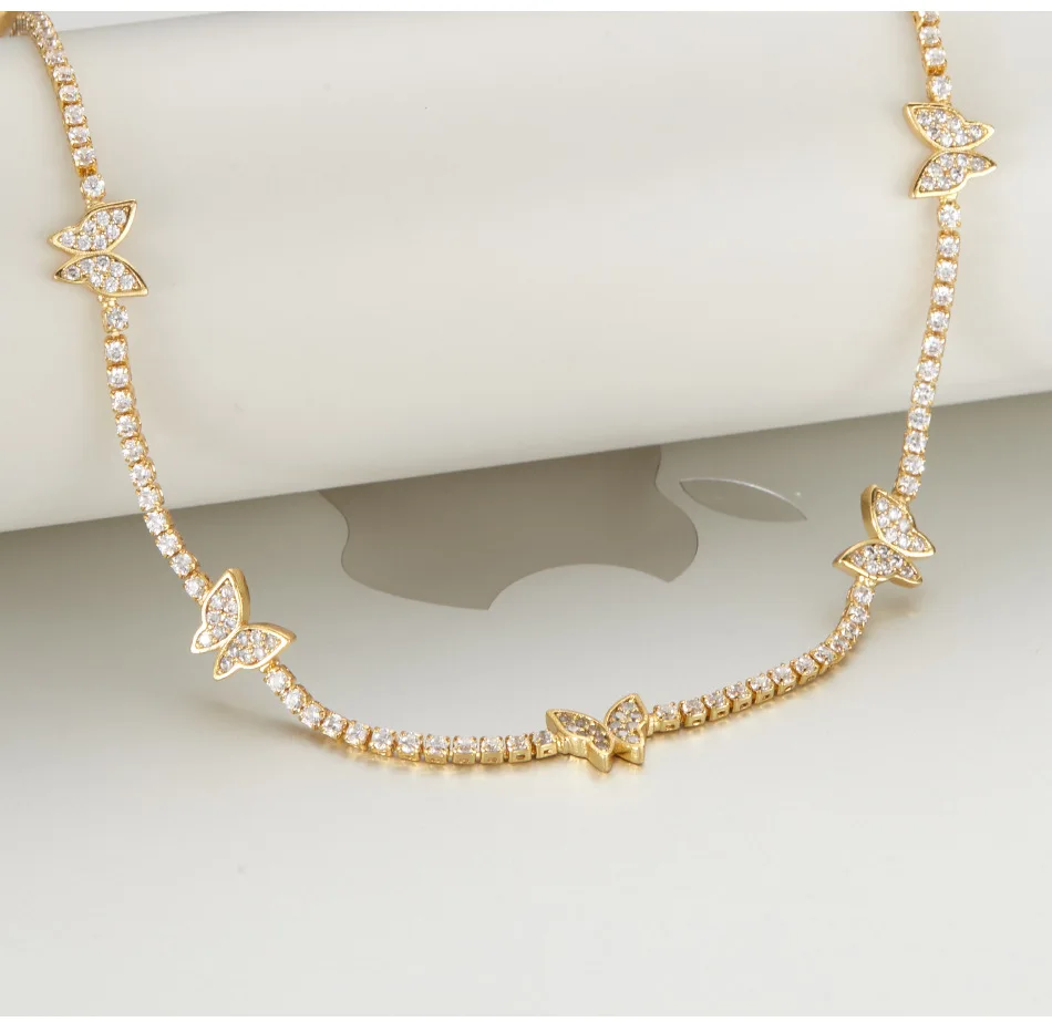 

2021 hip hop 18k gold plated zircon brass rhinestone choker pendat jewelry charm link chain butterfly necklace for girls, Gold color