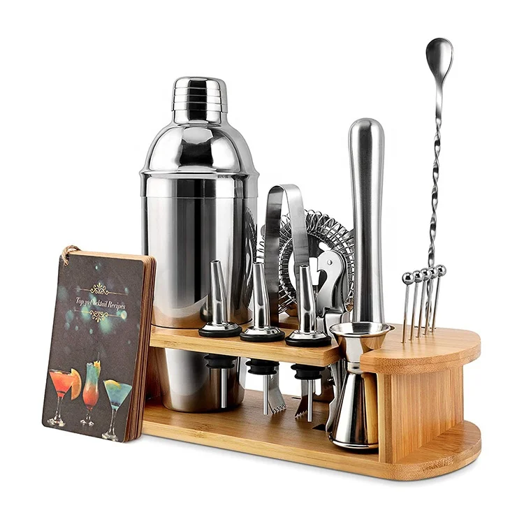 

Cocktail Shaker Set Bartender Kit with Bamboo Stand Martini Shaker Stand Wooden Bar Tools Organizer