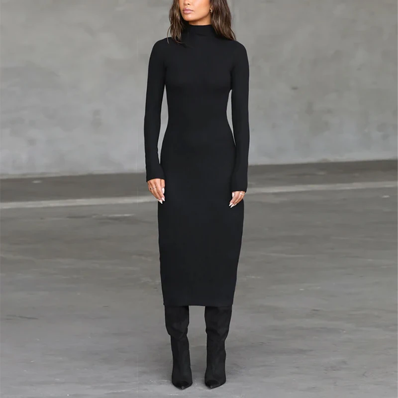 

Custom Logo Women's Clothing Casual Cotton Fall Solid Color Pencil Maxi Dress Long Sleeve Bodycon Elegant Ladies Party Dress