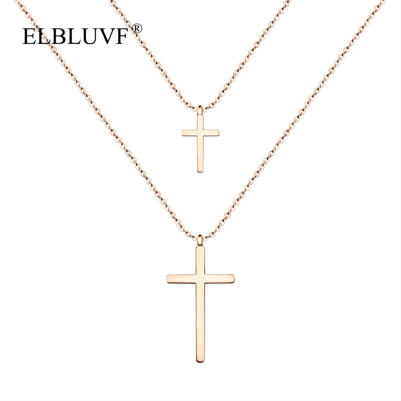 

ELBLUVF Free Shipping Simple Stainless Steel 18K Gold Rose Gold Plated Christian Double Cross 2 Layers Necklace, Gold / silver/rose gold