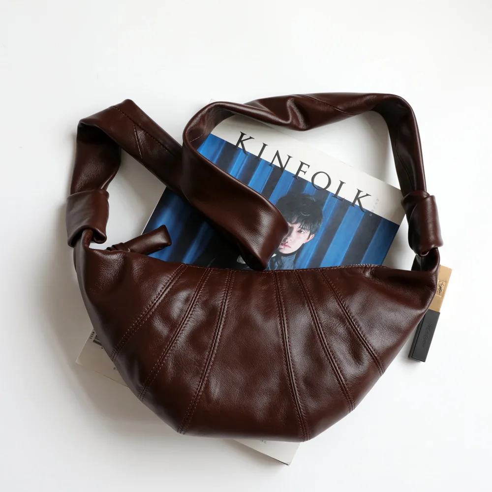 

New Designer Croissant Shape Vintage Handbag Genuine Leather Women Underarm Bag