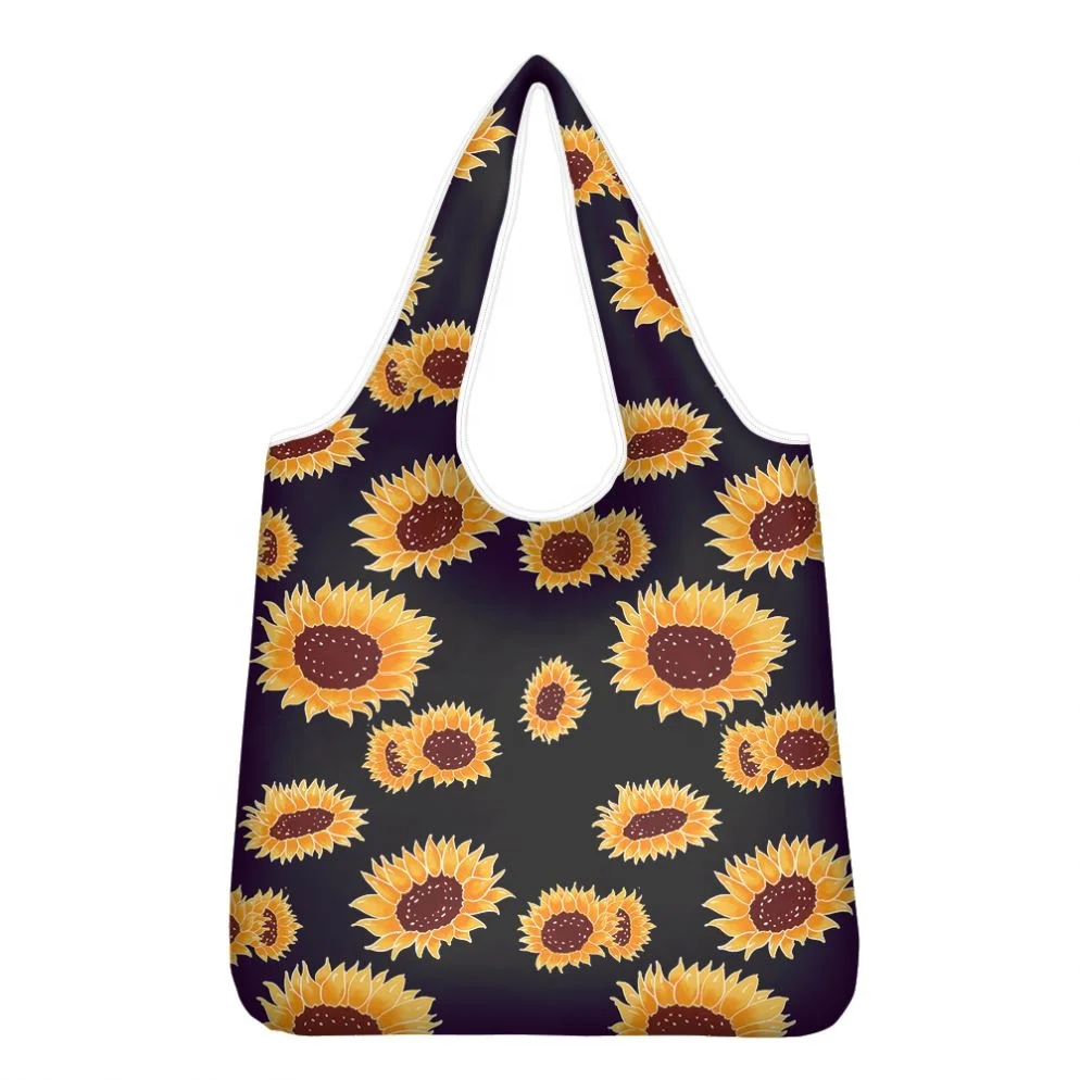 

POD Sunflower Theme Black Long Handles Grateful Tote Bags Stylish Eash To Carry Shop Bag Large Capacity Storagable Grocery Bag, Customized color