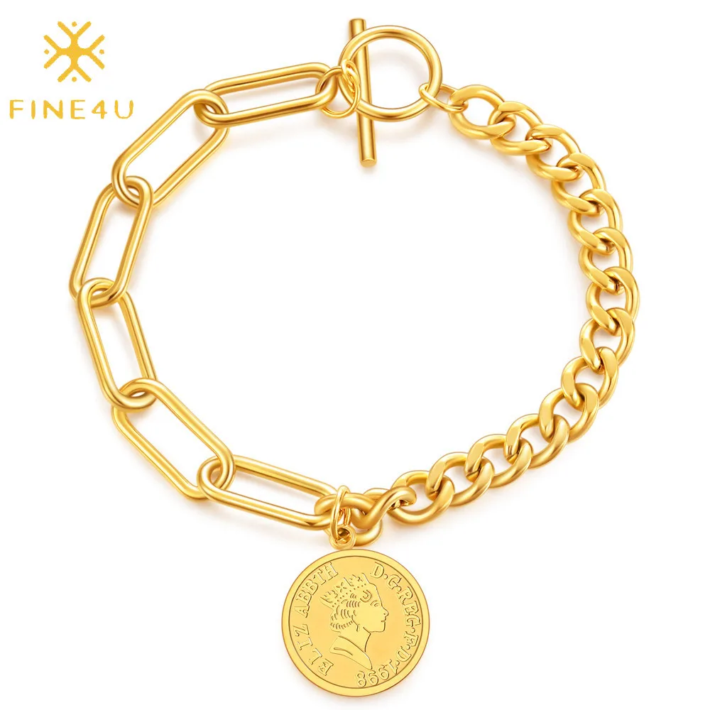 

Retro simple stainless steel gold plated Elizabeth women coin charm bracelet, Steel/gold/rose gold