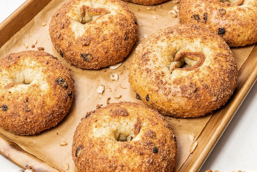 Two halves of a cinnamon raisin bagel with cream cheese spread, showing the interior texture and visible raisins