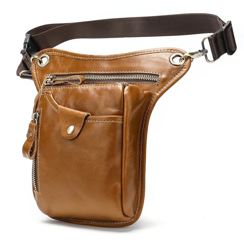 

Sport leather waist bag leg bag running motorcycle bag for men, Yellow brown / gray / black
