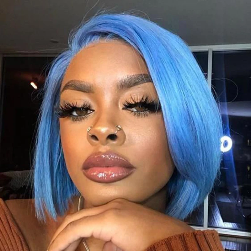 

Light Blue Color Short Bob Wigs Light Blue Color Straight Lace Front Bob Wig