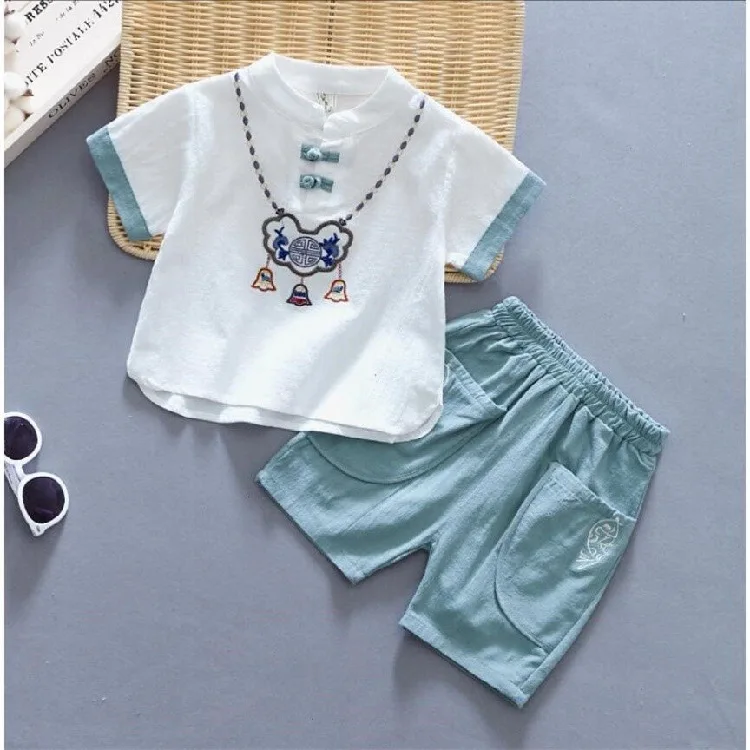 Boy Clothing Kids Tang Suit Short Sleeve Trousers Chinese Style Hanfu ...