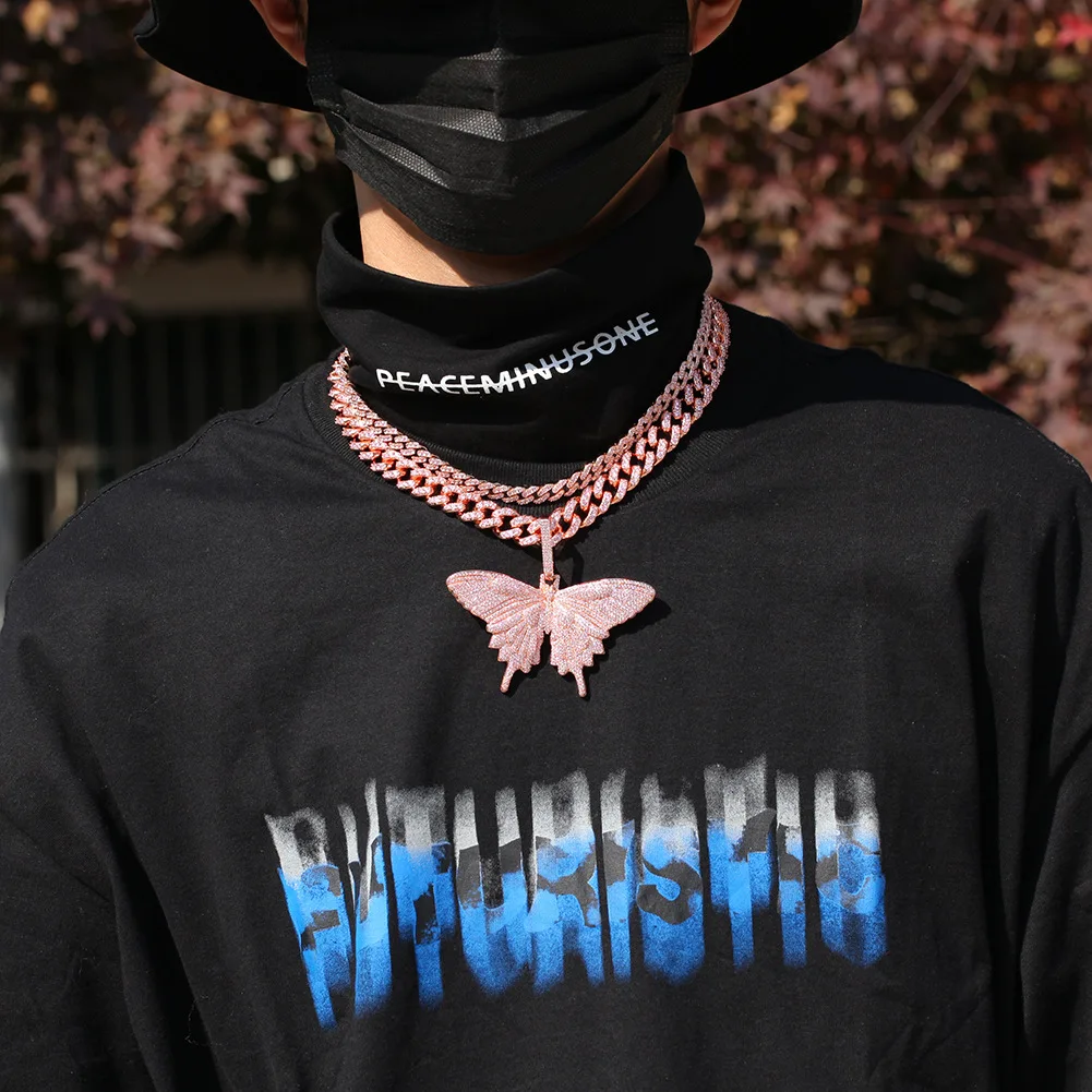 

2021 CZ Diamond Necklace Men Gold Plated Tennis Chain Cuban Link Chain Butterfly Pendent Women, Gold/pink / silver