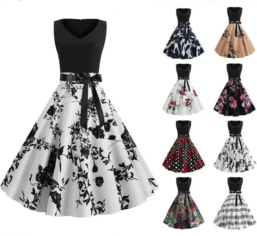 

Long Style Sleeveless Midi Waist Plus Size Print Vintage 50S Party Evening A-Line Elegant Casual Dress Summer, Shown
