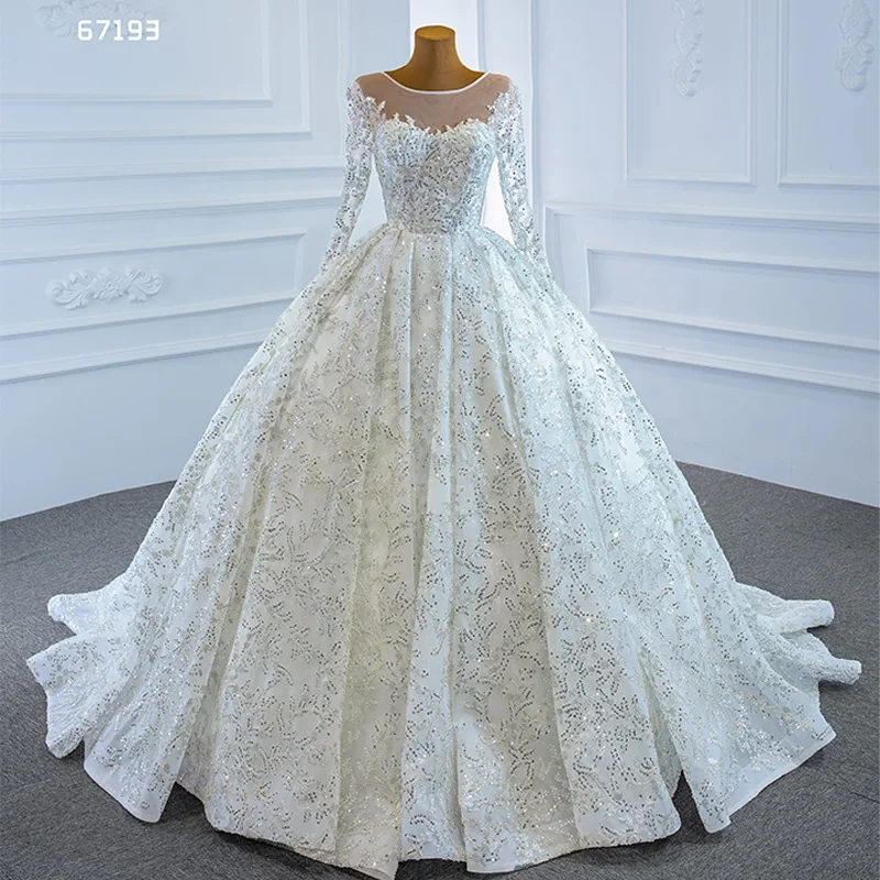 

Jancember RSM67193 Long Sleeve Luxury Long Train Full Sequin Ball Gown Wedding Dress, Ivory