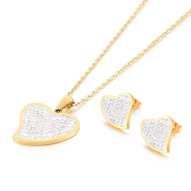 

Kalen Wholesale Clay Inlaid Rhinestone Heart Necklace Earrings Stainless Steel Jewelry Sets