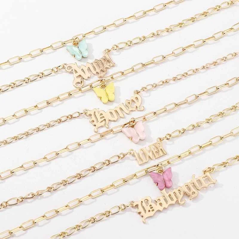 

Acrylic Butterfly 2 Layers Chain Choker Letter Word Charm Pendant Necklaces For Women Trendy Necklace Hot Selling Jewelry