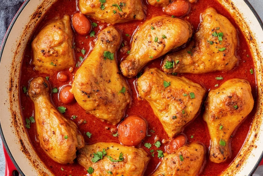 Close-up of chicken pieces coated in vibrant red paprika seasoning before cooking in cast iron skillet