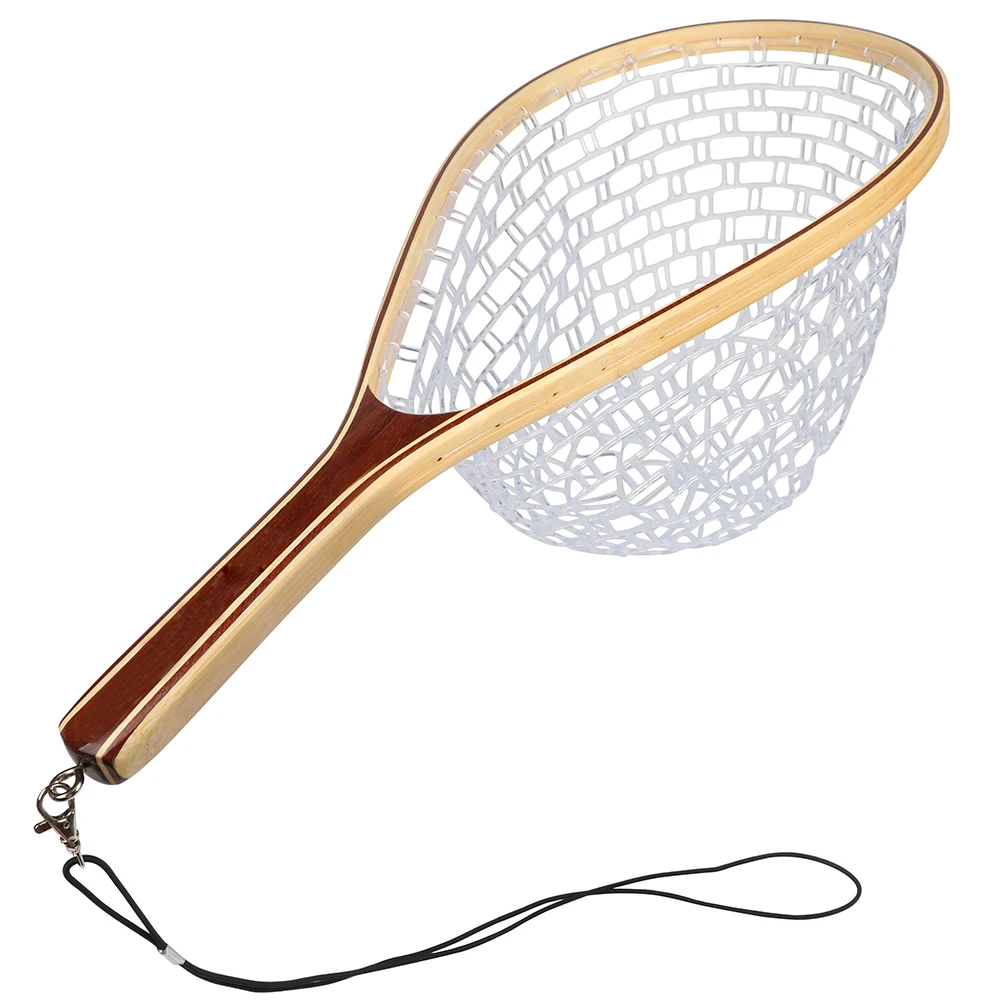 

Best sale Fly fishing Landing net classic hand net with clear rubber net bag HWRN05(B13), Dark red hard wood and clear net bag