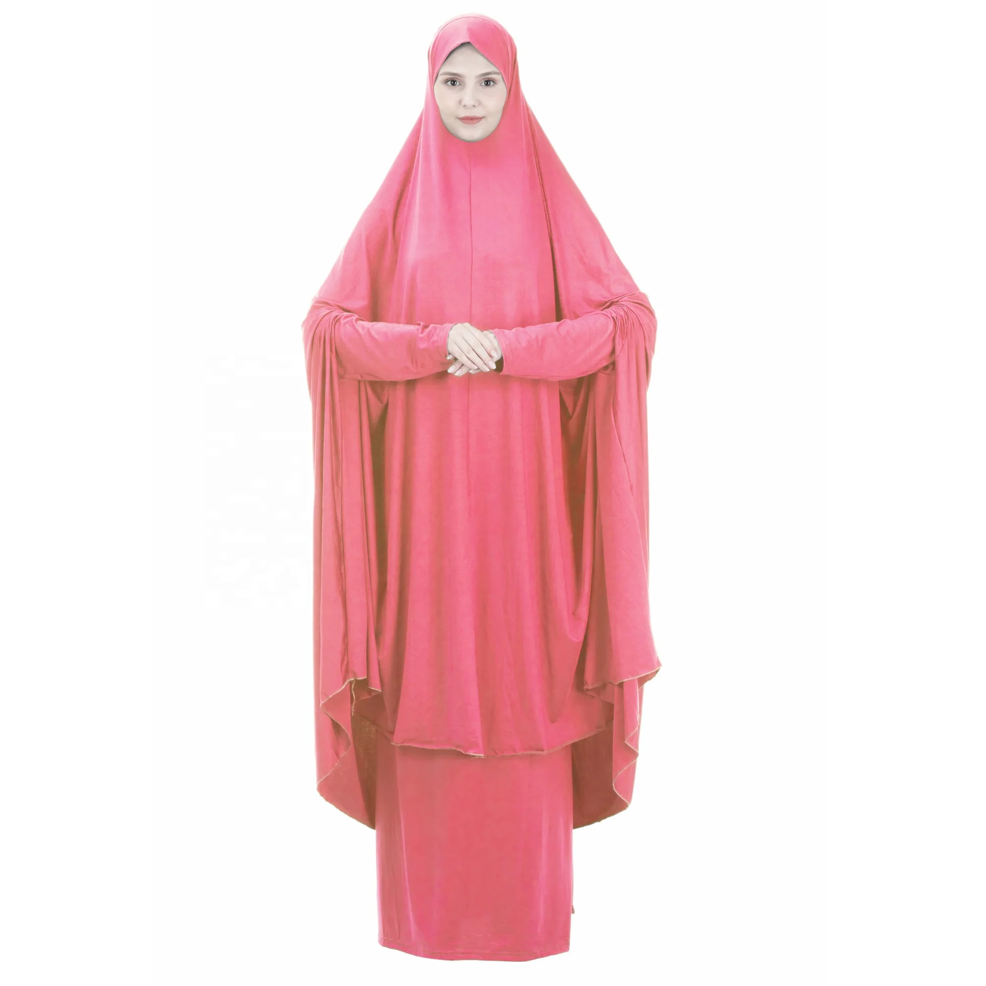 

2020 Solid Sleeved Jilbab Khimar 2 Pieces Skirt Muslim Ramadan Abaya Dress With Face Veils, 13 colors