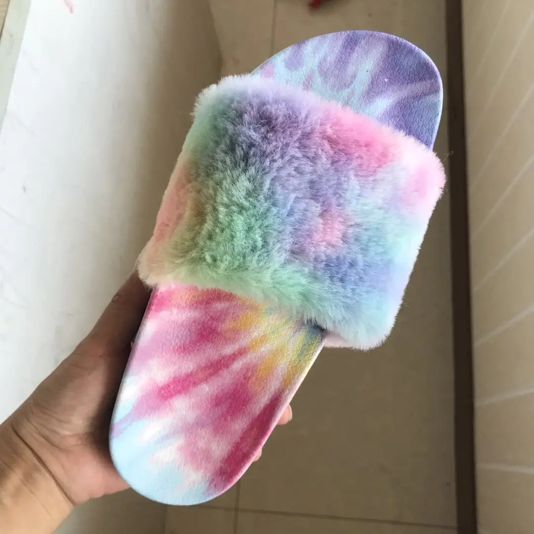 

PDEP hot sale high quality women summer fur slippers cheap women slides flat outdoors ladies sandals, Color,black,pink,white,rose red