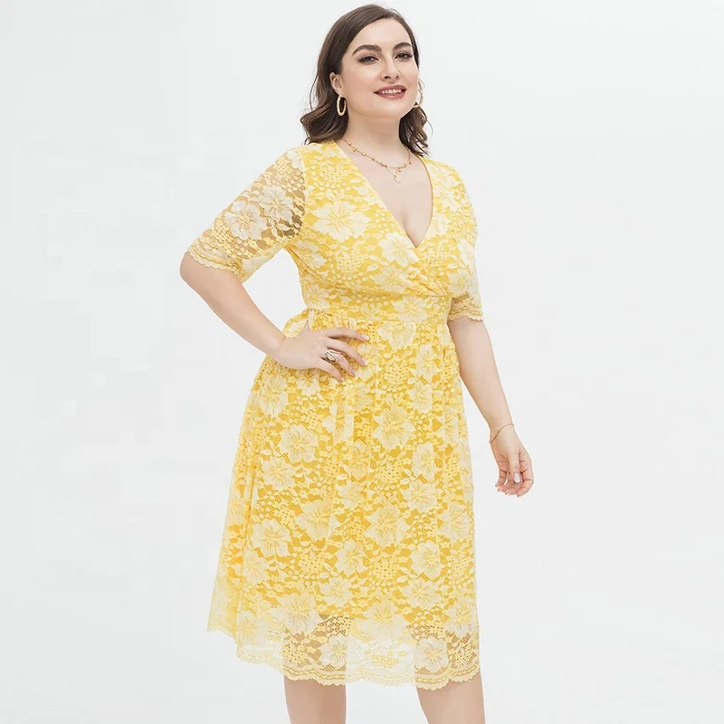 

Wholesale Price Summer Elegant Dresses Patchwork Lace Floral Hollow Out Yellow Plus Size Dress