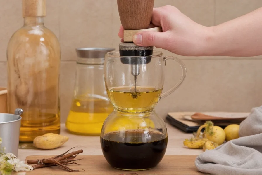 Manual oil press extracting black cumin seed oil into glass container