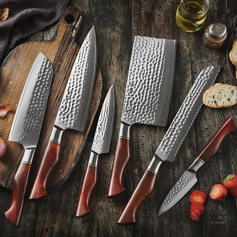 

HEZHEN 6PCS Professional Kitchen Knives Rosewood handle 73 Layers Damascus Powder Steel Chef Knife Set