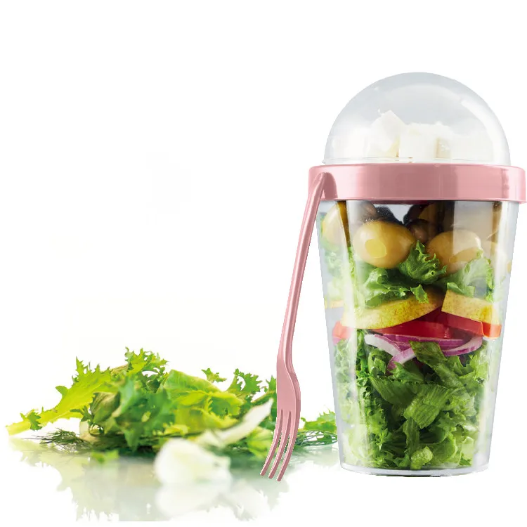 

550ml Salad Cup Plastic Storage Containers Yogurt Cereal To Go Breakfast Plastic Cup With fork And Lid, Red blue