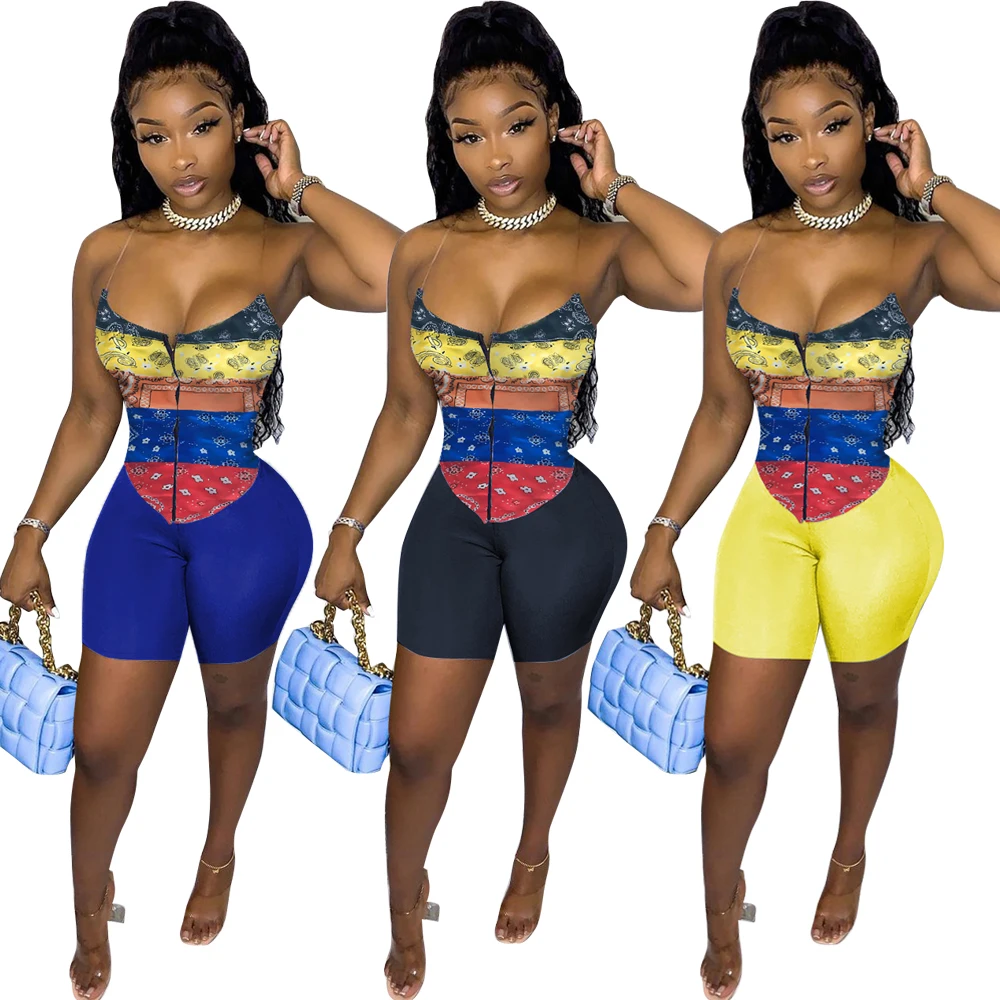 

2021 Two-Piece Women Ladies's Bandana Flora Printed Sexy Strap Sleeveless Tank Top With Biker Shorts Summer 2 Piece Short Set