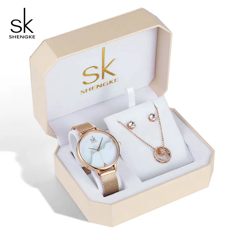 

Shengke watch set women Luxury Crystal Earrings Necklace Watches Set bayan saati 2020 SK Ladies Quartz Watch Gifts