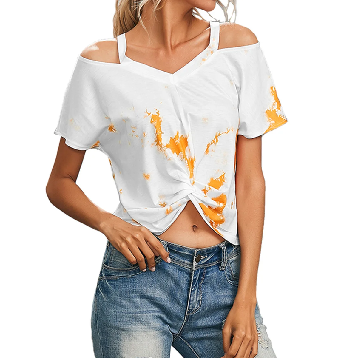 

New High Quality Women's Blouse Strapless Sling Tie-dye Printing Short-sleeved T-shirt Women, Picture color
