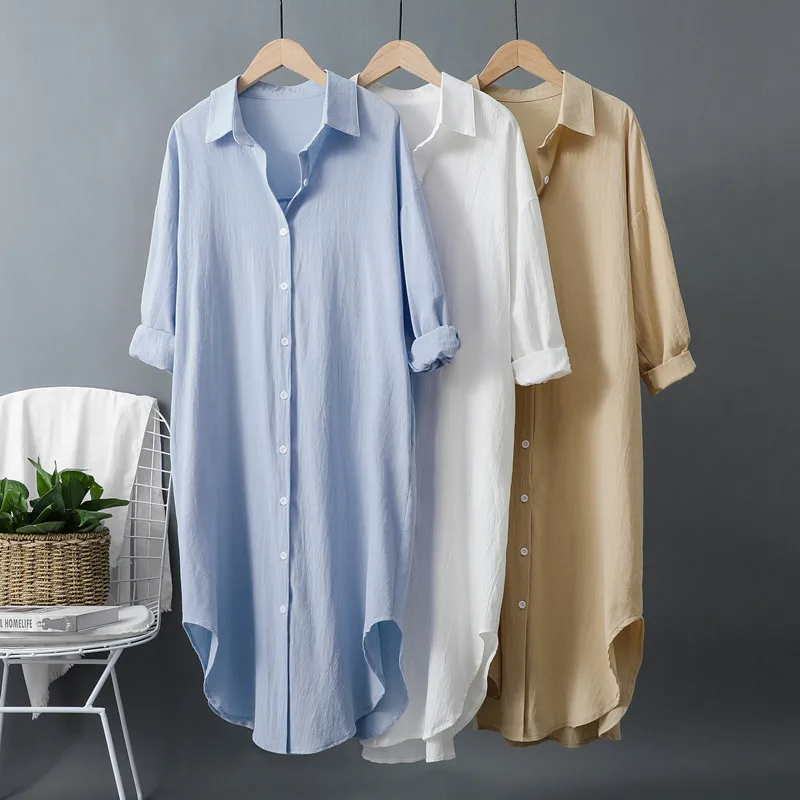 

Wholesale 2021 Summer New Style Cotton and Linen Long-sleeved White Shirt Wild Loose Lazy BF Mid-length Shirt Dress