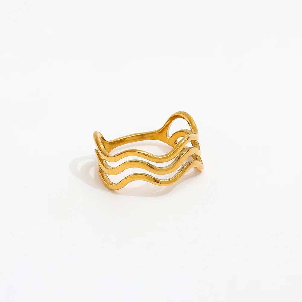 Joolim Jewelry 18K Gold Plated Three Layer Waved Lines Stainless Steel Statement Rings for Women Tarnish Free & Waterproof