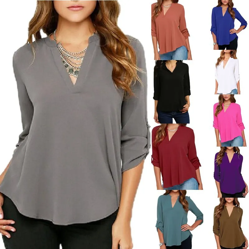 

European Fashion Female long sleeve V-Neck Loose Tops Chiffon Shirt Plus Size S-5XL Women Blouse