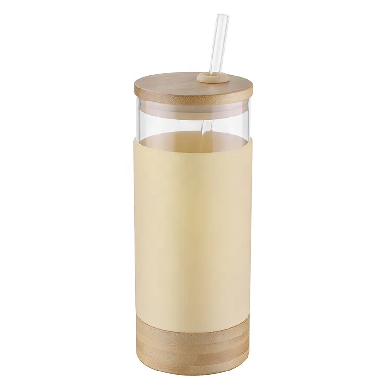 

BPA Free Wide Mouth Glass Tumbler Glass Water Bottle Glass Travel Cup with Silicone Protective Sleeve Bamboo Lid and Straw, Transparent clear glass