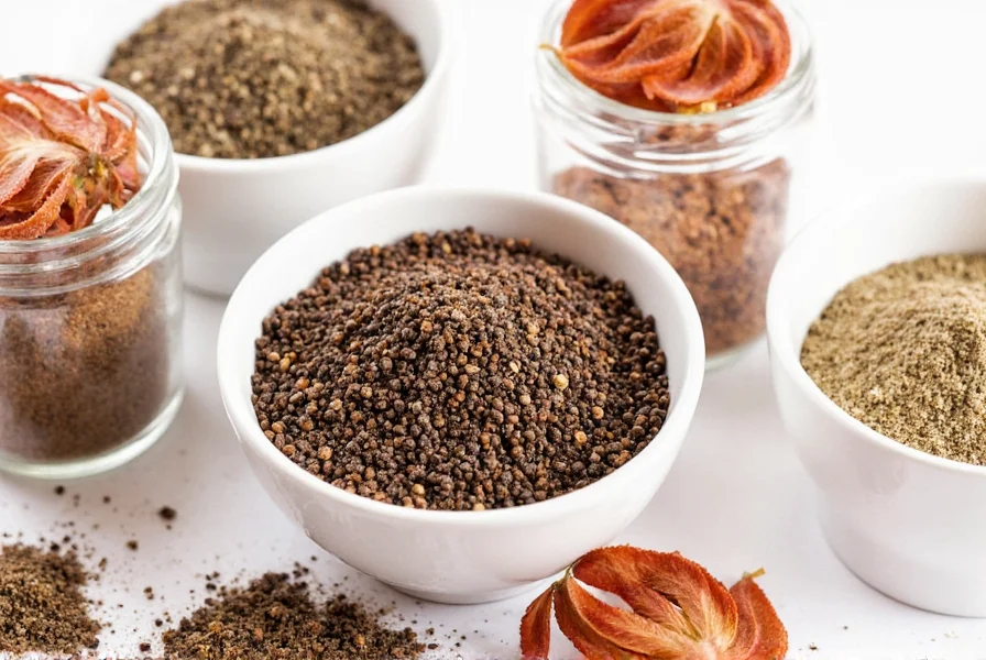 Whole peppercorns and coarse ground black pepper side by side