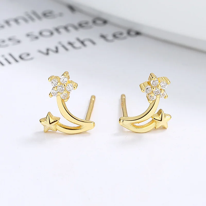 fashion jewelry 925 sterling silver earring two double star zircon flower gold plated stud earrings for women