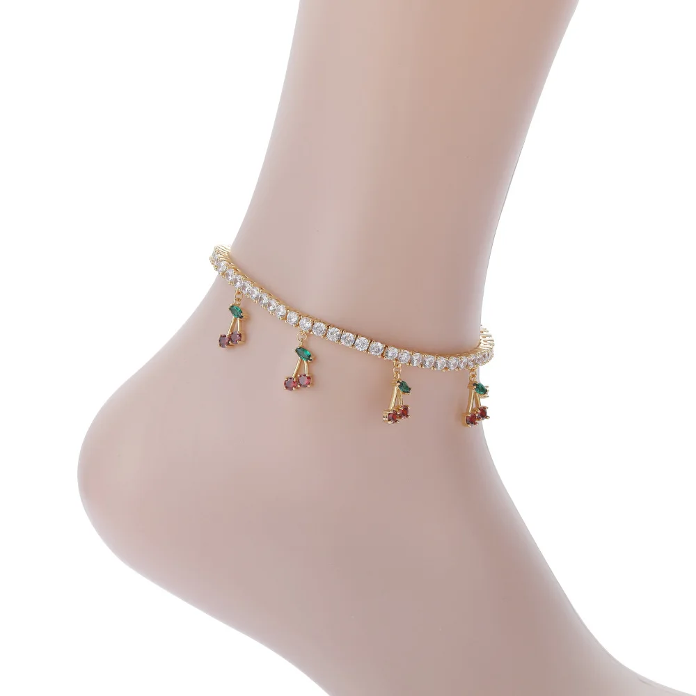 

hips hop women adjustable 18k gold brass diamond chunky 4mm tennis chain with cherry charms anklets, Gold/silver/pink