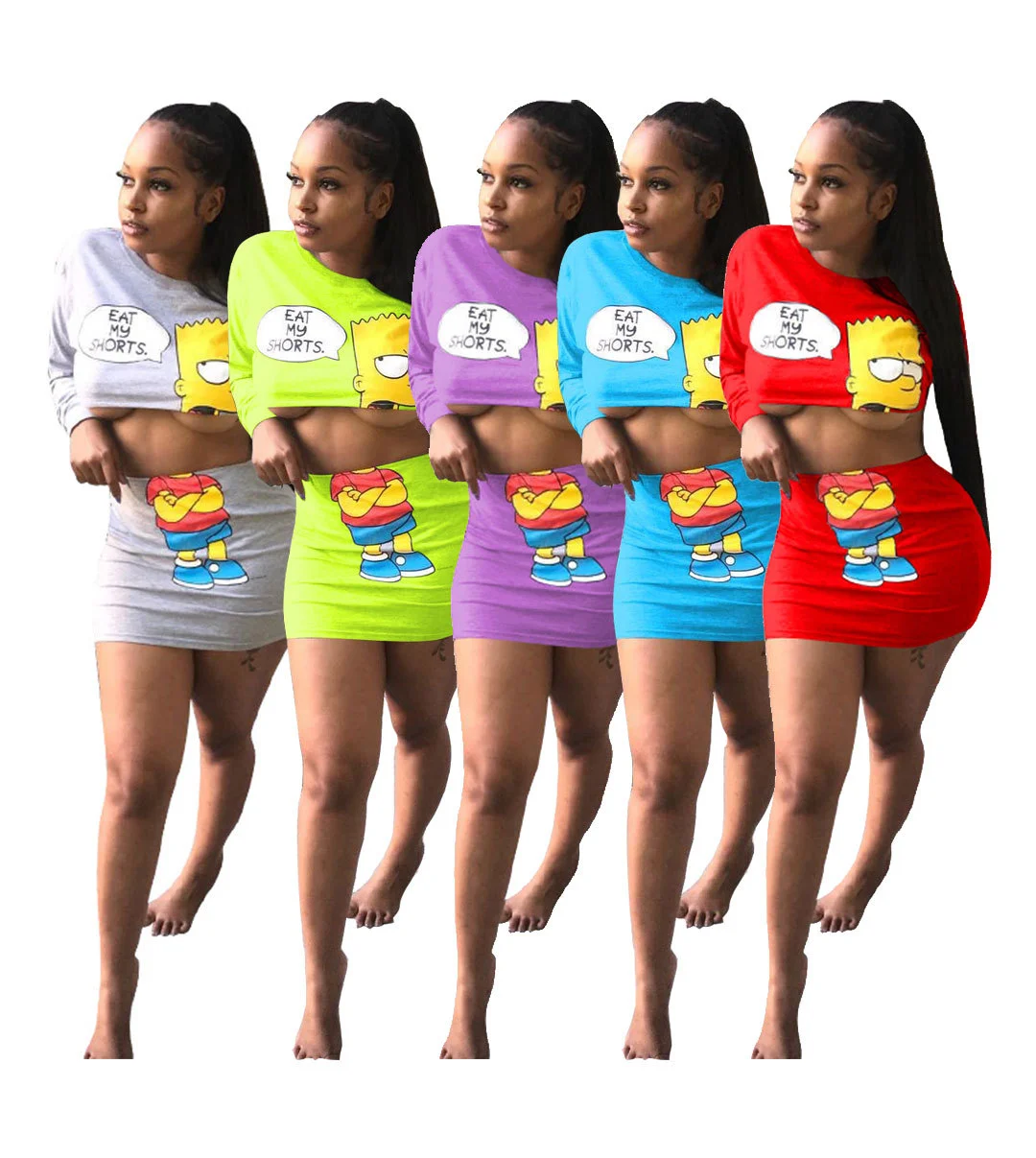 

2021 Selling spring summer ladies two piece sets solid color cartoon dress set casual women clothing 2 piece sets