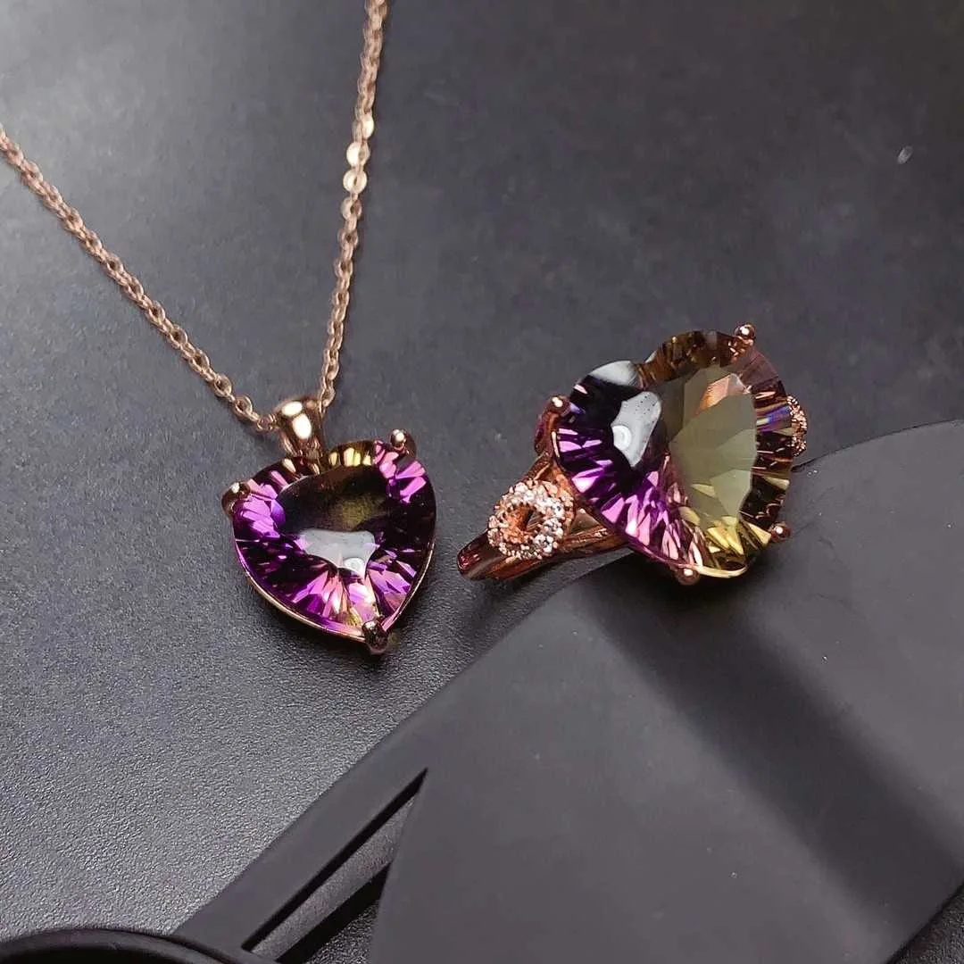 

Hainon Purple zircon Heart-shaped necklace adjustable ring set jewelry rose gold plating Cheap wholesale