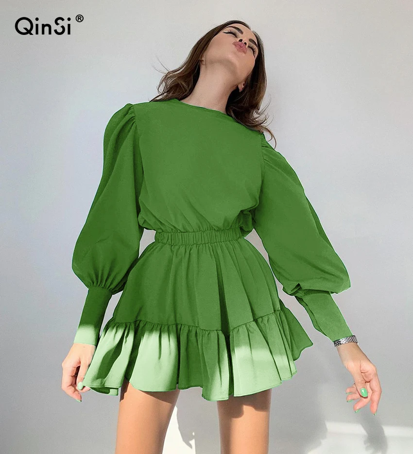

QINSI Short Mini Pleated A-Line Frill Dress Lady Long Sleeve O-Neck Casual Women Ruffle Dress Lantern Sleeve Vintage Dress