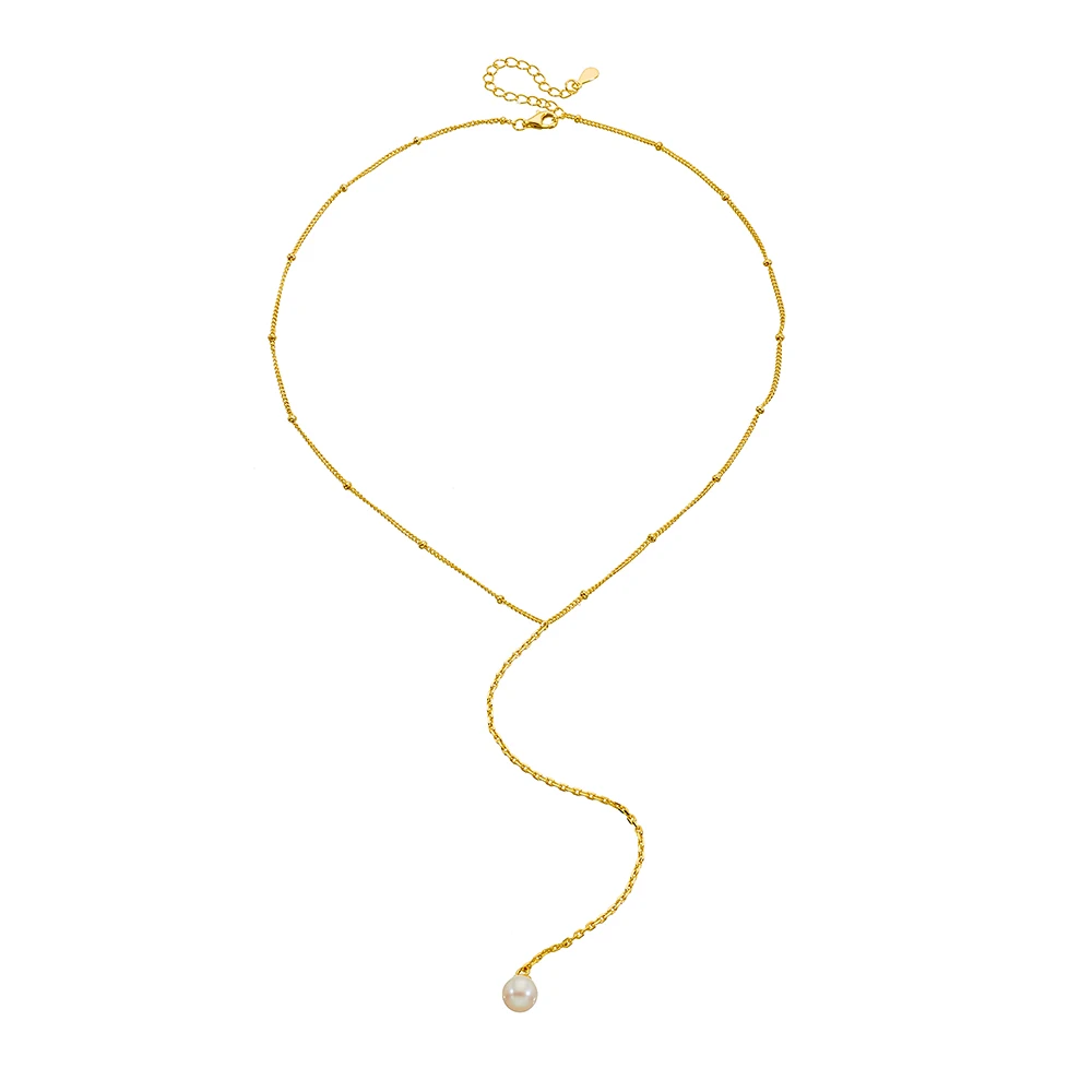 KN4093 Peishang Wholesale Jewelry 925 Sterling Silver Gold Plated Y Bezel Lariat Bead Chain Natural Freshwater Pearl Necklace