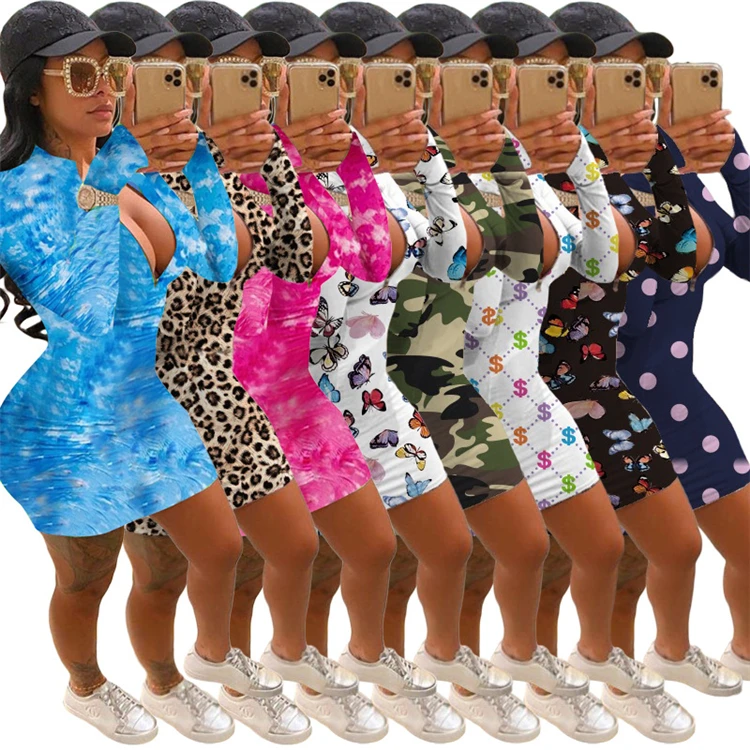 

Good Quality Fall Winter Sexy Bodycon Print Zipper Collar Long Sleeve Elegant Clothing Ladies Dresses