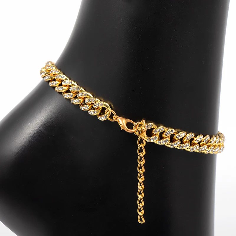 

European Hips Hop Adjustable 8mm 18k Gold Plated Crystal Chunky Chain Anklets Bracelet Shiny Rhinestone Cuban Link Anklet