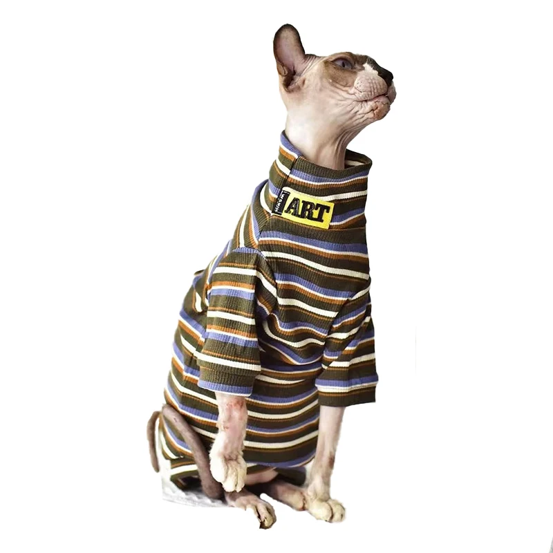 

Sphynx Hairless Cat Stripe Breathable Summer Cotton T-Shirts Pet Clothes Round Collar Vest For Cat Dog Apparel, Show as the picture