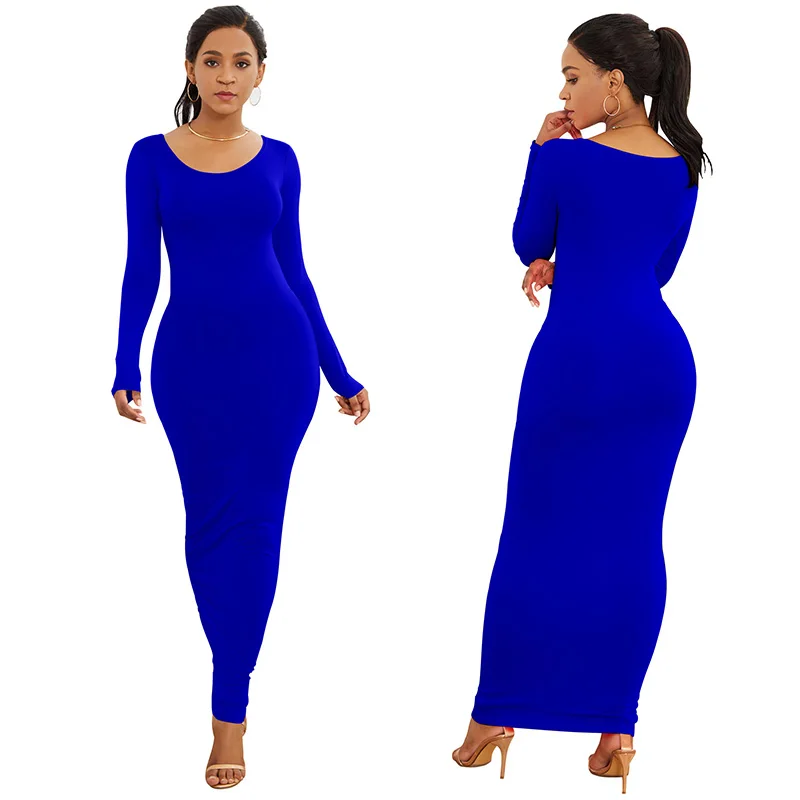 

Fashion Elegant Long Sleeve Solid Color Round Collar Floor Length Bodycon Dress Women, Picture color