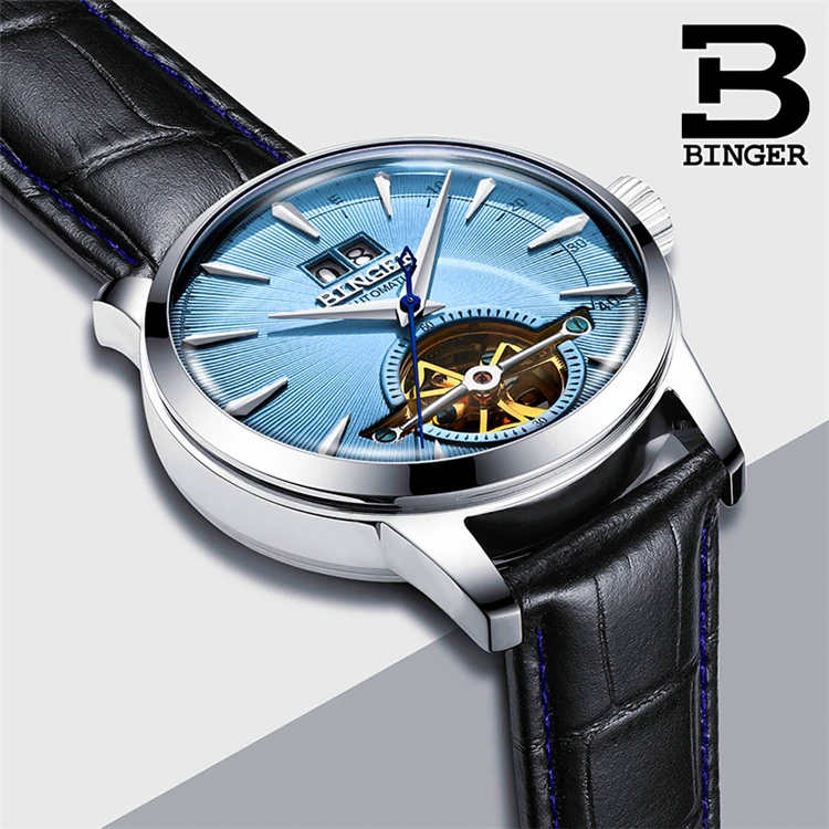 

BINGER 10009 Men Automatic Mechanical Watch Tourbillon Sport Casual Business Retro Leather Wristwatch Relojes Hombre