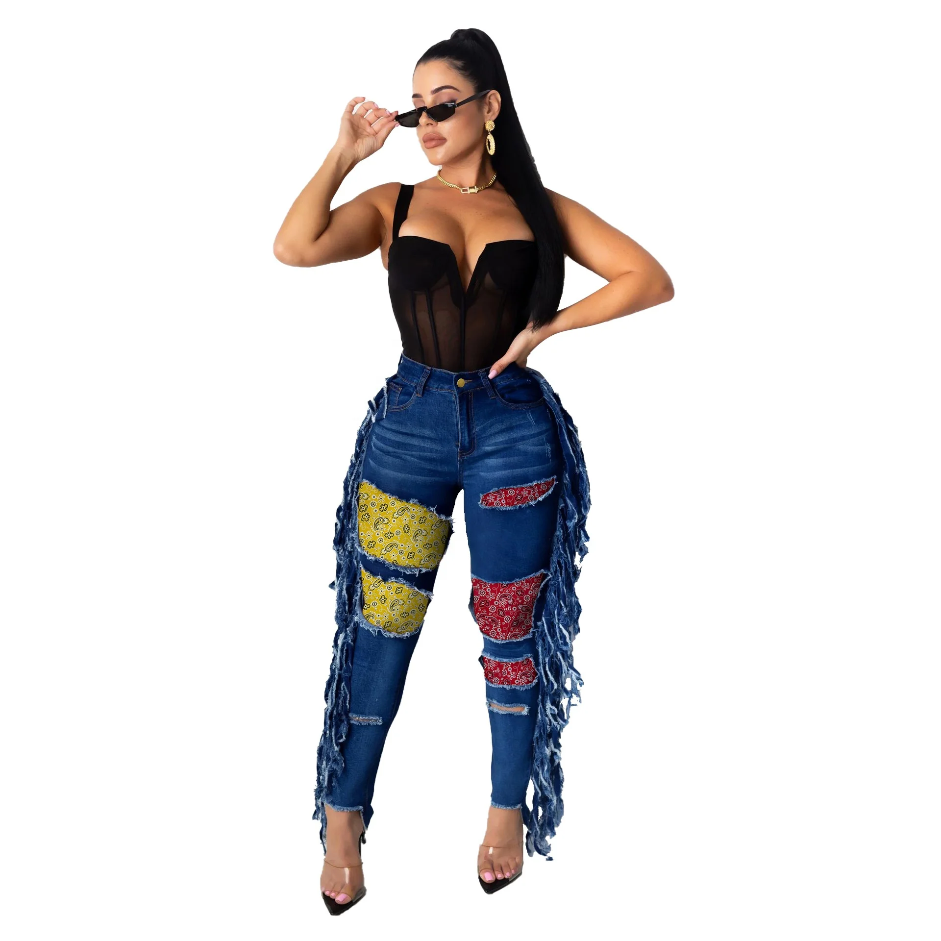 

Latest New Fashion ladies pants women stretchy jeans fringed wash denim trousers skinny jeans, As picture or customized make