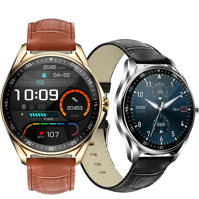 

New Fashion Business Round Full Touch Screen Temperature Sport Leather Belt E16 Smart Watch Wristband IP67 Waterproof